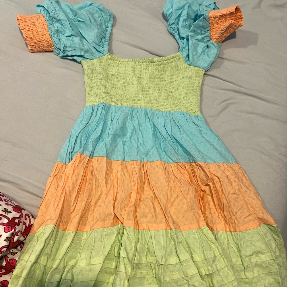 Roller Rabbit Blue Orange Puff Sleeve Midi Dress